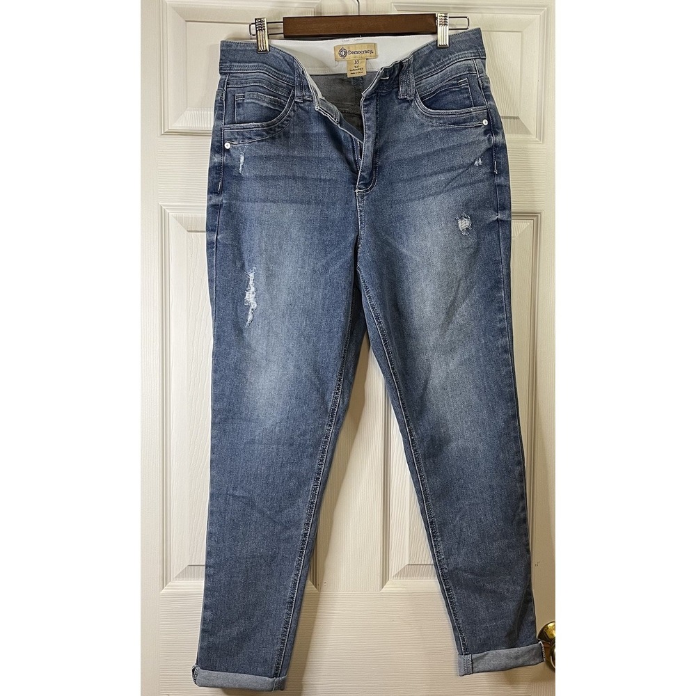 Democracy Distressed Blue Denim Stretch Women's Jeans 5-Pocket Button Zip